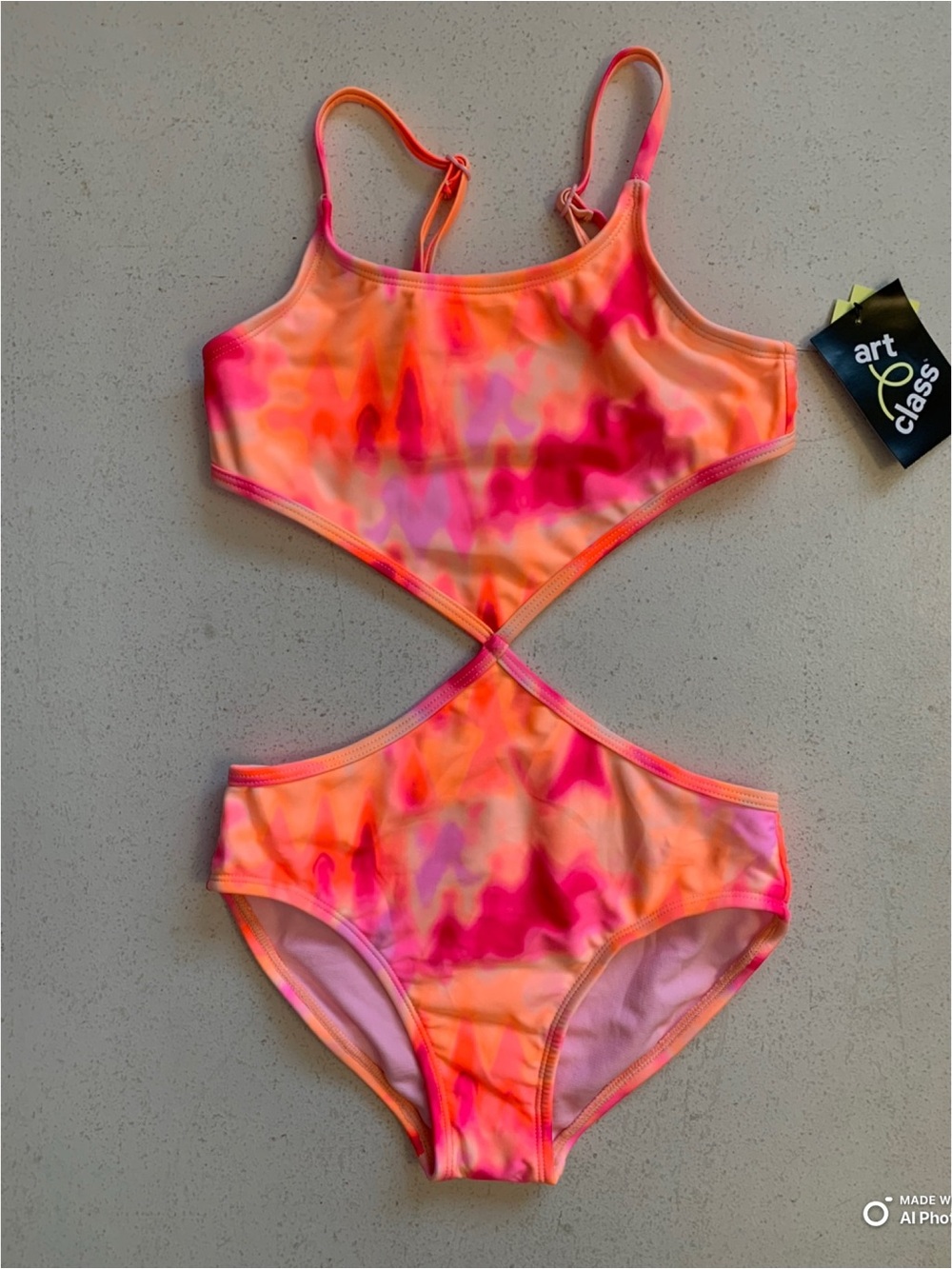 Art Class Girls Medium Neon Orange & Pink Tie Dye Cutout One Piece Swimsuit NWT